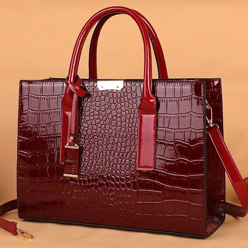 Burgundy Women's Large Capacity embossed crocodile Crossbody Tote